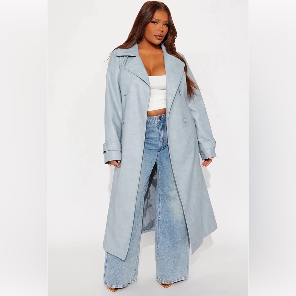 NWT. Fashion Nova Holland Croc Embossed Faux Leather Trench Coat In Grey/Blue.